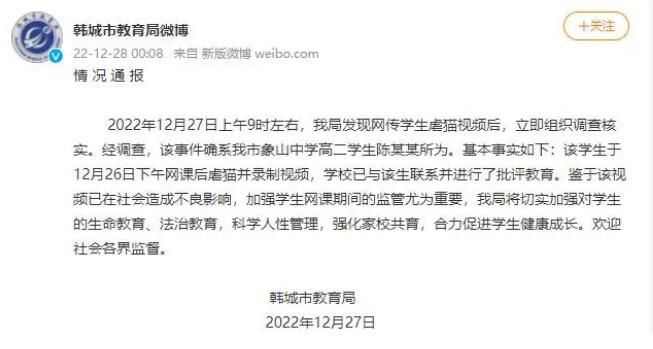 教育局回應高中男生摔貓踢貓 學校已批評教育將加強監管
