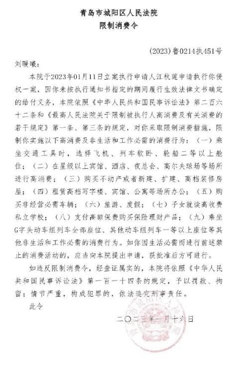 青島法院已對劉鑫發布限消令 已成被執行人