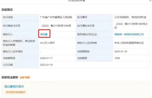 Uzi再被凍結(jié)43萬(wàn)股權(quán) 已累計(jì)被凍結(jié)104萬(wàn)