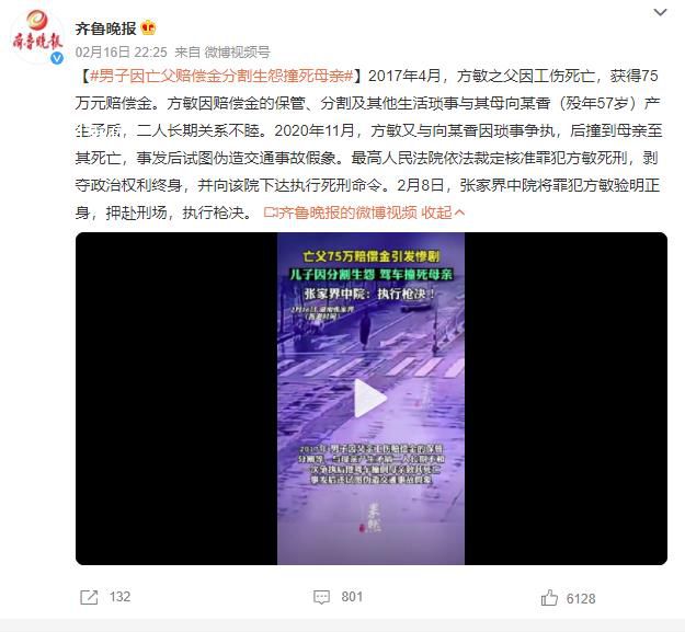 男子因錢款分割撞死母親被槍決 剝奪政治權利終身