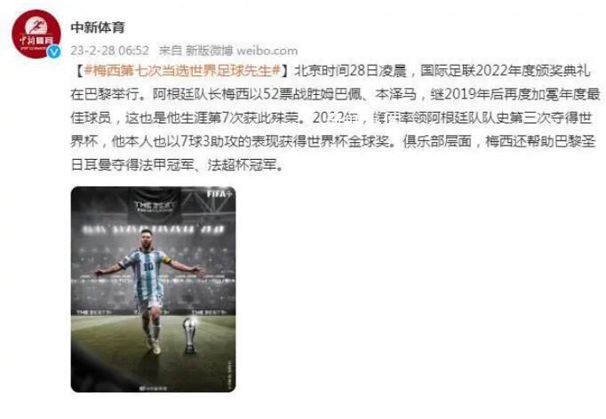 梅西第七次當選世界足球先生 加冕年度最佳球員