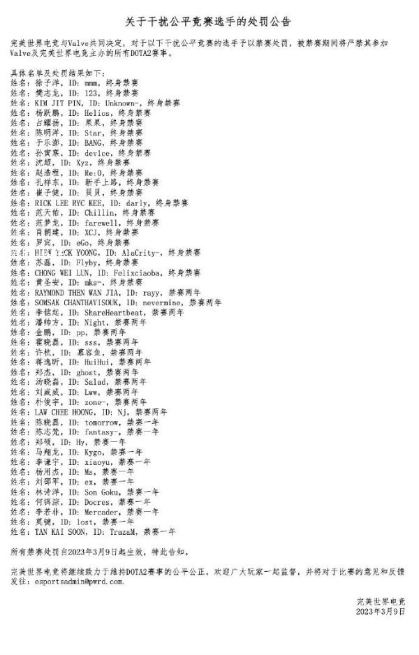 46位DOTA2選手被官方禁賽 涉嫌假賽等干擾公平競賽的行為