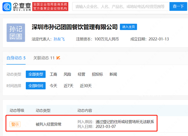 孫海洋夫婦餐飲公司被列經營異常 將去登記變更辦公場所