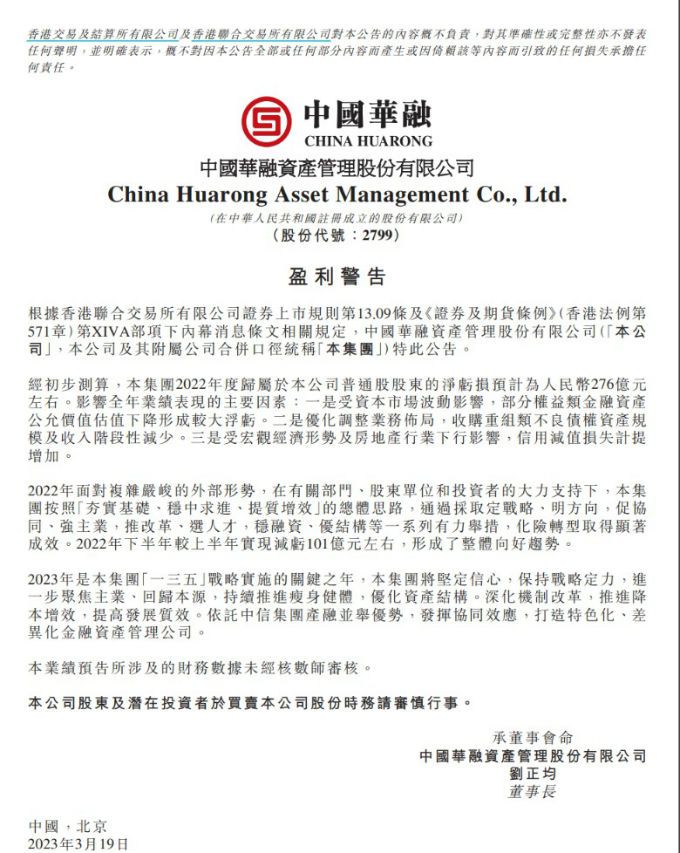 中國華融2022年預虧276億元 發公告給出三大虧損原因