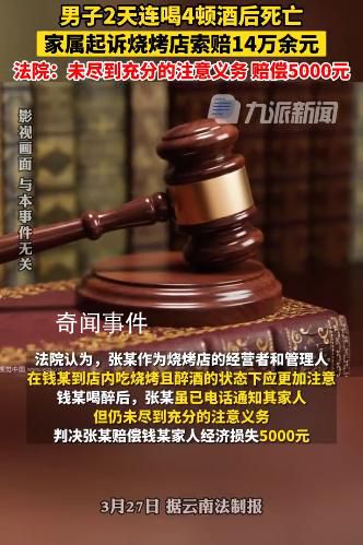男子2天喝4頓后死亡起訴店家獲賠 要求賠償14萬元獲賠5000元