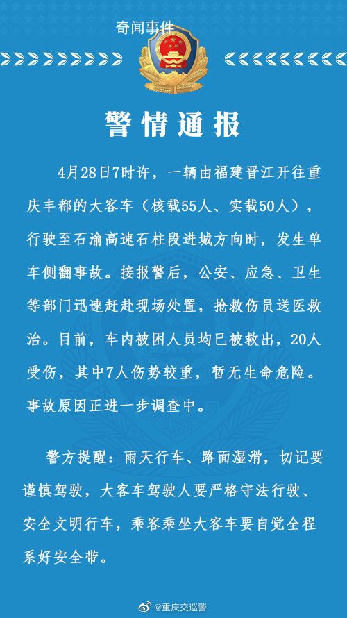 重慶大巴側(cè)翻致20傷:7人傷勢較重