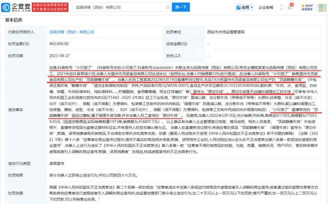 小貝餓了帶貨因虛假宣傳被罰46萬 調理牛排宣傳為原切