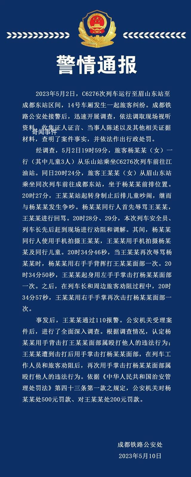 警方通報女子高鐵被掌摑:雙方均違法
