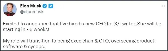 馬斯克宣布將卸任推特CEO 新CEO將于六周后履新是一位女性