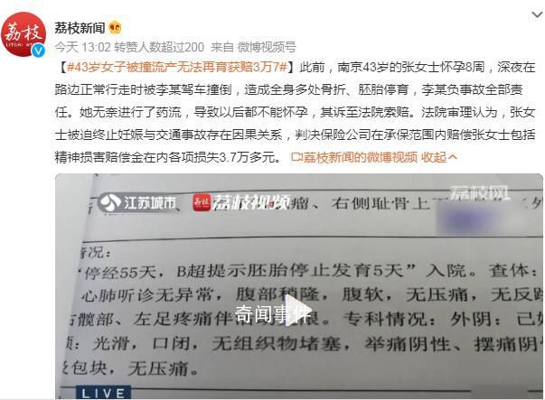 43歲女子被撞流產無法再育獲賠3萬7 以后都不能懷孕