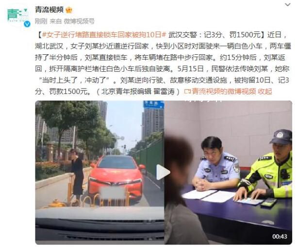 女子逆行堵路直接鎖車回家 稱當時上頭了沖動了