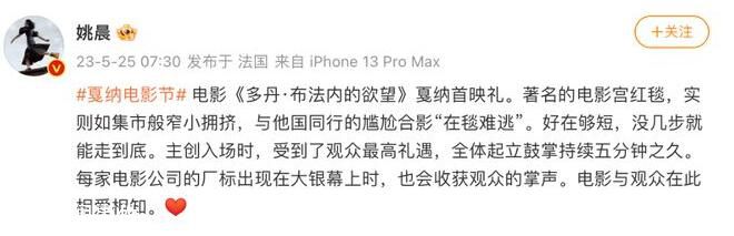 姚晨說戛納紅毯如集市般窄小擁擠 網友：太真實了