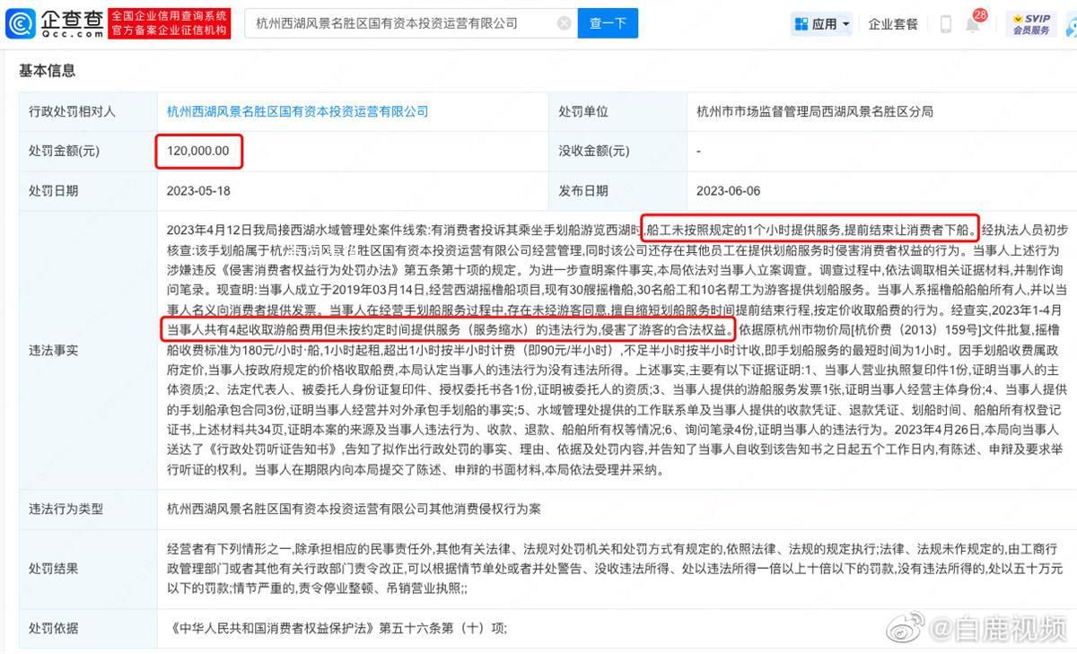 西湖劃船刺客運營方被罰12萬 1小時起租但實際上坐船時間只有30分鐘左右