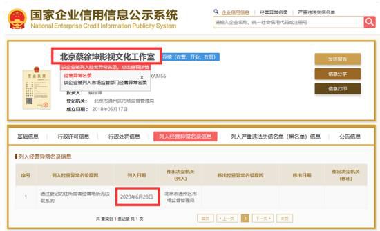 蔡徐坤工作室被列入經營異常名錄 這究竟是怎么回事