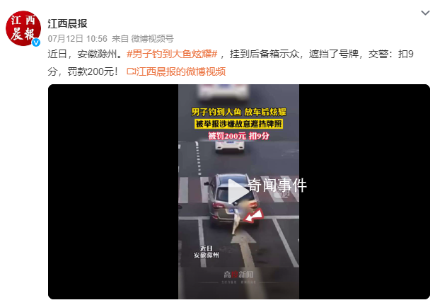 男子炫耀釣到大魚掛后備箱示眾 交警：扣9分罰款200元