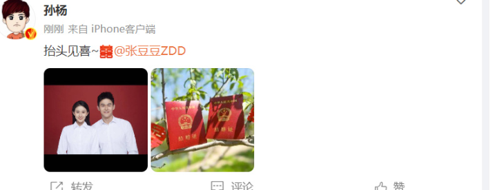孫楊曬結婚證 配文“抬頭見喜”