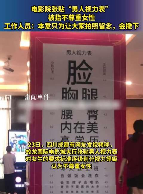 電影院掛男人視力表被指不尊重女性 本意只為讓大家拍照留念