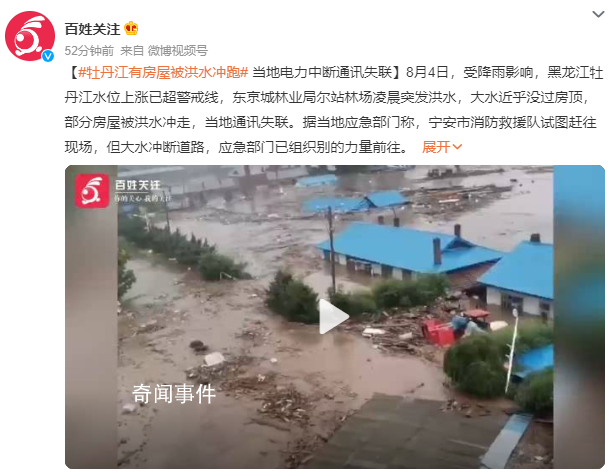 牡丹江洪水已形成 房屋被大水沖走