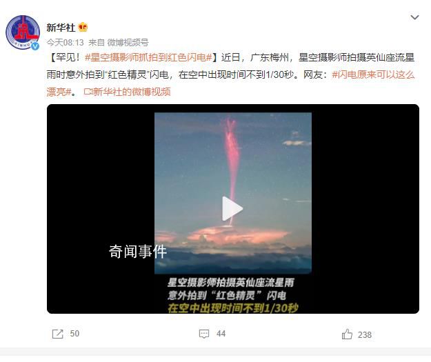 攝影師偶然拍到“紅色精靈”閃電 在空中出現時間不到1/30秒