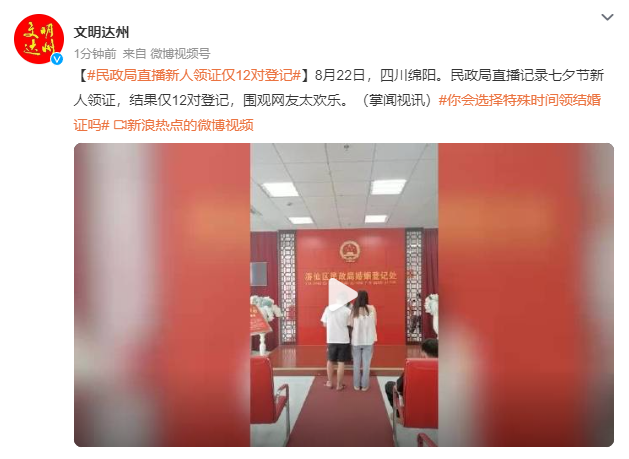 民政局直播新人領證僅12對登記 圍觀網友太歡樂