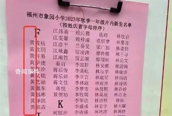 福建一小學將黃姓列入F首字母 校方表示：不會發生這樣的低級錯誤