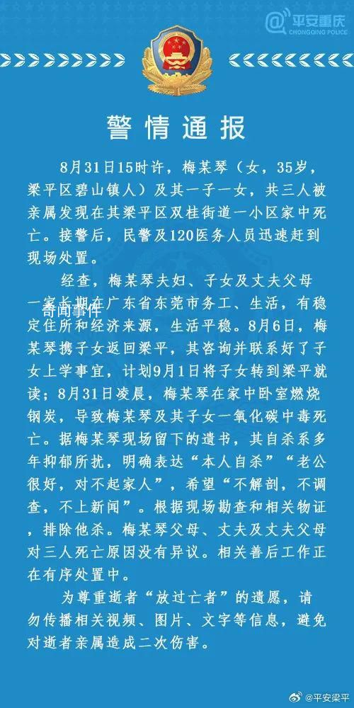 重慶母子3人家中去世 警方通報