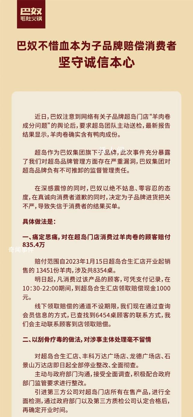 巴奴稱羊肉卷確實含有鴨肉成份 對在合生匯店消費過該產品的顧客進行賠付