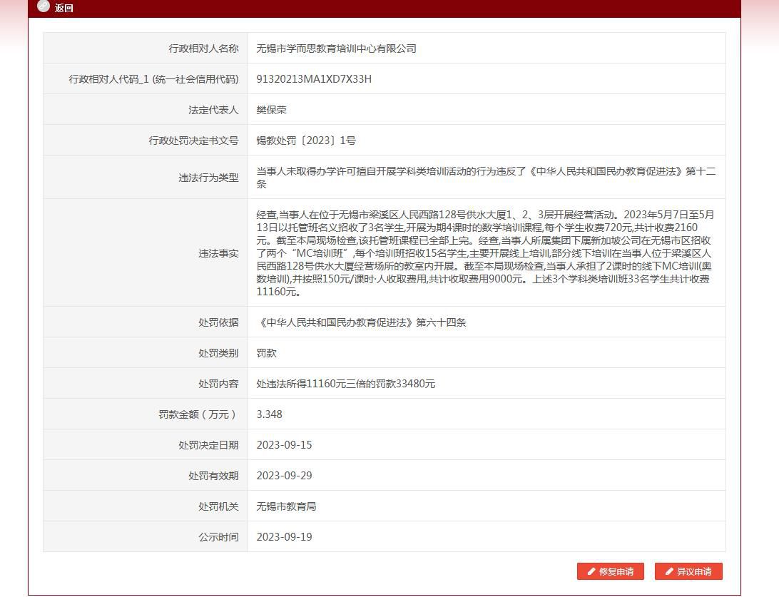 學而思擅自開展學科類培訓被罰 處罰決定日期為2023年9月15日