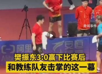 樊振東賽后和教練隊友擊掌太可愛