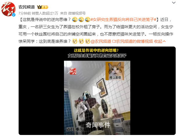女研究生養(yǎng)貓反向?qū)⒆约宏P(guān)進(jìn)籠子 這到底是誰養(yǎng)誰