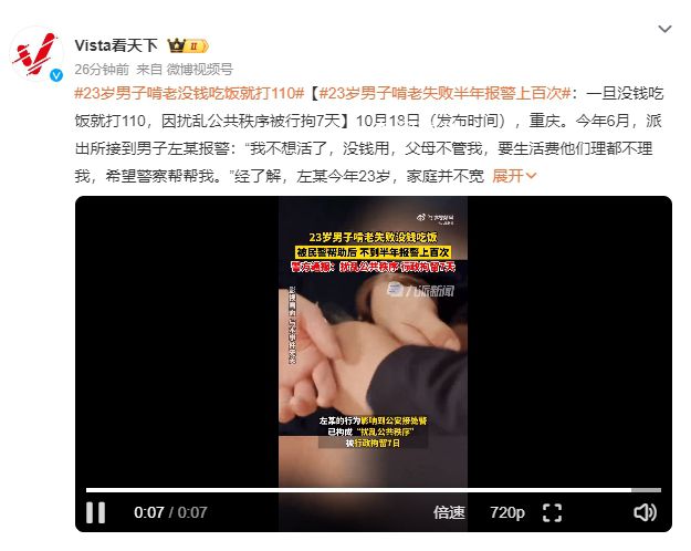 男子好吃懶做 一沒錢吃飯就打110