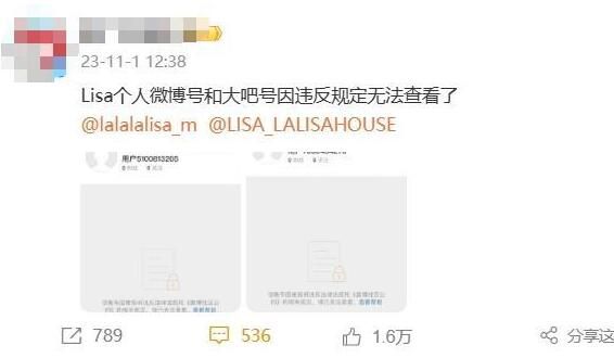 Lisa及其后援會微博賬號被封 現已無法查看