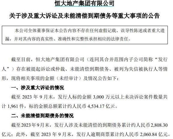 恒大地產:未清償到期債務2808億