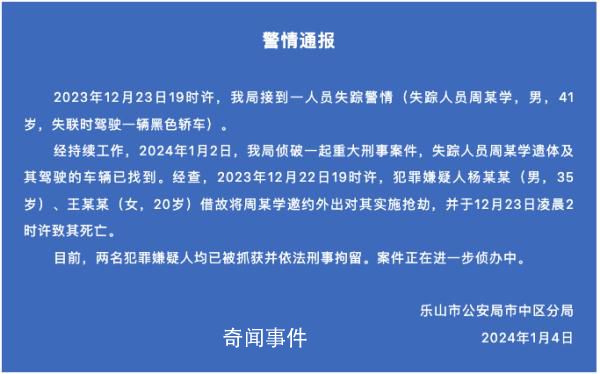 警方通報男子失聯多日:已遇害