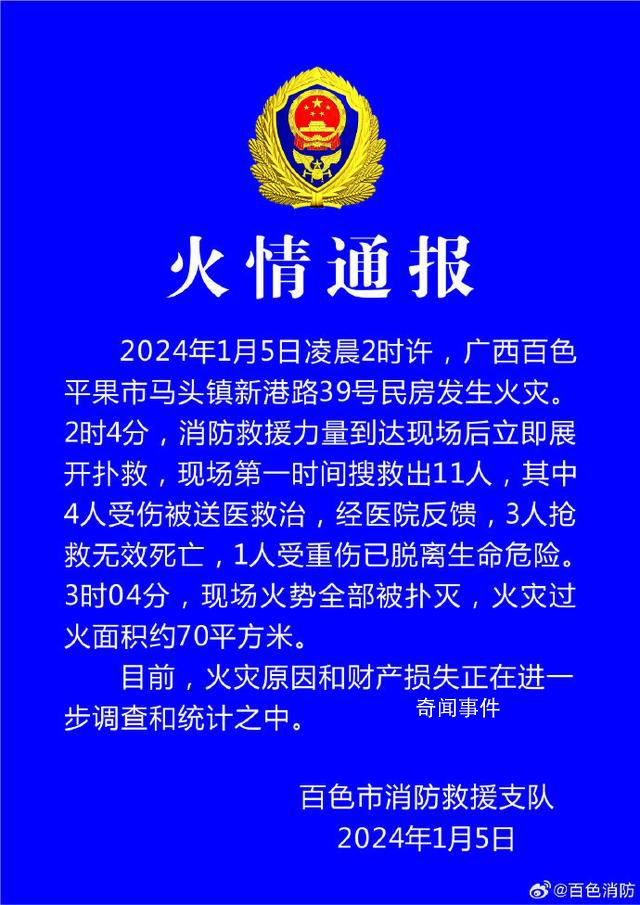廣西一民房發(fā)生火災致3死1重傷 火災原因和財產(chǎn)損失正在進一步調(diào)查和統(tǒng)計之中
